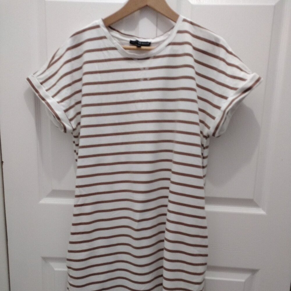 Fred Daniel Women’s XL Cream Brown Striped T-Shirt Dress Relaxed Cotton Blend Ca